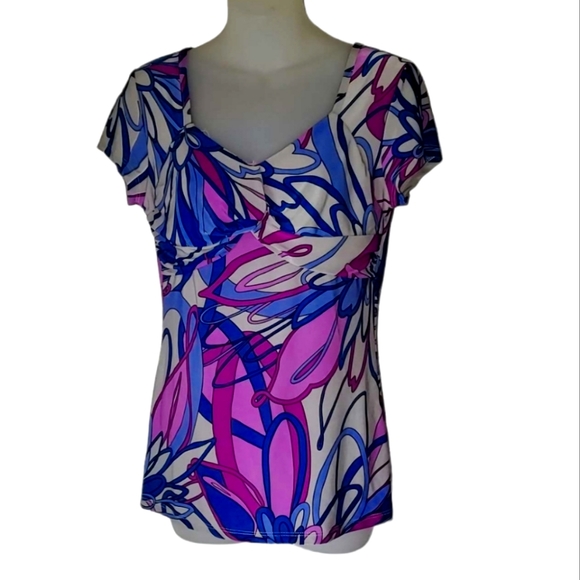 LUNA TIKS Colorful Womens Short Sleeve Retro Top Purple Blue Gray Large - Picture 1 of 4